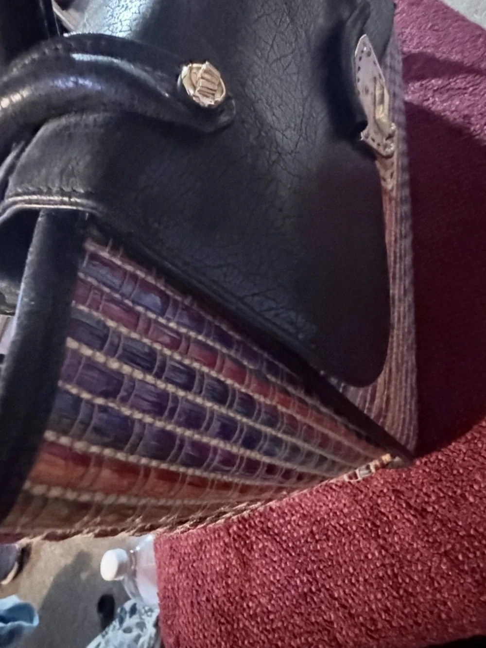 Black Leather Top-Handle Women’s Bag with Multicolor Trim